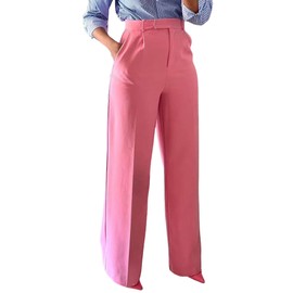 LAJIOJIO High Waist Dress Pants Women Casual,Wide Leg Business Pant Long Trousers with Pockets Pink