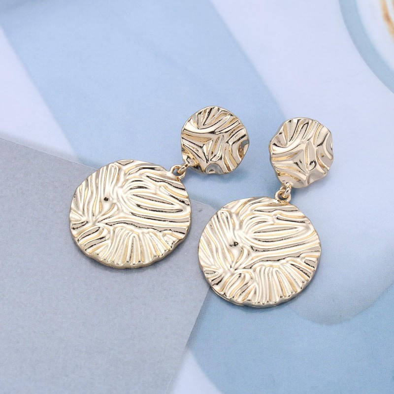 Enautoabs Bohemian Large Gold Hammered Disc Coin Dangle Earrings Round