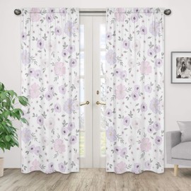 Sweet Jojo Designs Lavender Purple, Pink, Grey and White Window Treatment Panels Curtains for Watercolor Floral Collection - Set of 2 - Rose Flower