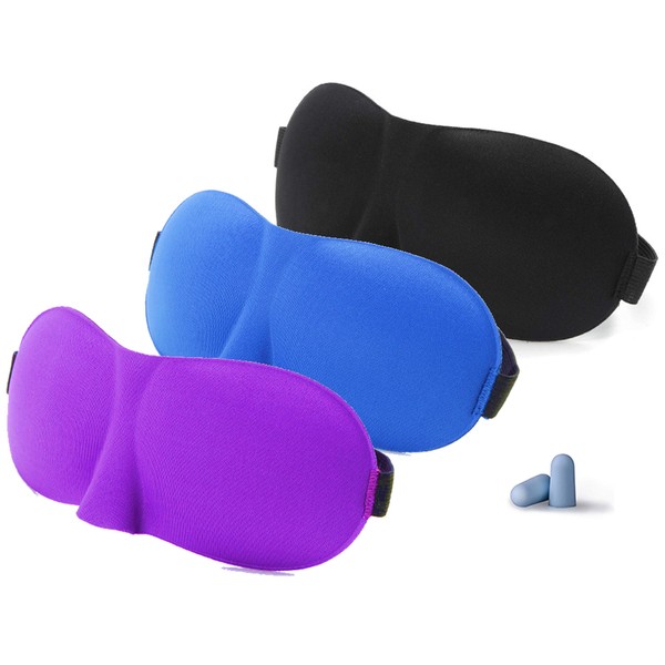 Serenily Super Smooth Sleep Mask - 3 Pack Lightweight Sleeping Mask, 3D Contoured Shape Blindfold Mask, Mask for Travel, Eye Mask for Sleeping with Adjustable Strap, Includes a Pair of Earplugs