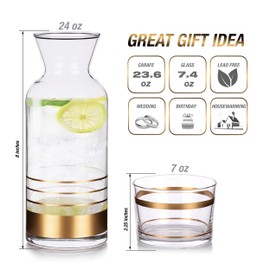 GARIZZE Bedside Water Carafe and Glass Set for Bedroom, Bedside Carafe and Glass Set, Mouthwash Decanter for Bathroom, Water Carafe with Glass Cup for Nightstand (24-oz/7-oz)(GOLD STRIPE)Standard Pack