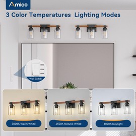 Amico 3-Light Farmhouse Vanity Light Fixture, Rustic Wood Bathroom Light Fixtures, Industrial Vintage Black Wall Sconces Lights with Bubble Glass Shade for Mirror, Bedroom, Living Room, Hallway