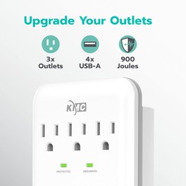KMC 3-Outlet Wall Mount Surge Protector, 900 Joules, 4 USB 4.8 AMP USB Charging Ports, Phone Holder Cradle for Home, School or Office, ETL Certified (2 Pack)