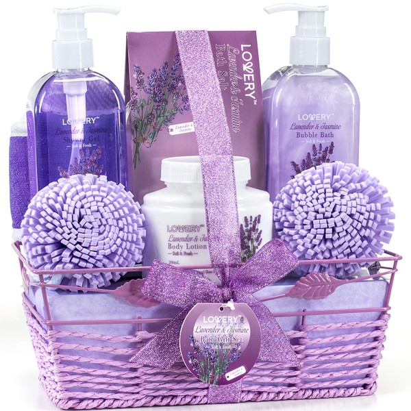Spa Gift Baskets For Women - Bath and Body Gift Basket For Women and Men – Lavender and Jasmine Home Spa Set with Body Lotions, Bubble Bath, Bath Salt and Much More, Birthday Gift