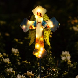 Guangxie Solar Virgin Mary Cross Garden Lamp for Grave - Angel Wing Memorial Decoration, Waterproof Solar Stake Lamp for Easter, Courtyard, Yard - Sympathetic Gift for Loved Ones. Elegant Cross