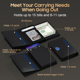 Frapkom Wallet for Men 8-11 Cards, Smart Pop Up Card Wallet, Anti-Theft Rfid Blocking Wallets With Cash Slots ID Window, Ultra Thin, Front Pocket (Carbon Fiber)