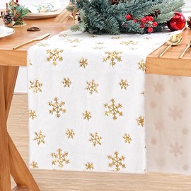 BrillShine Christmas Table Runner, White Gold Snowflake Table Runner, Faux Fur Table Runner, Modern Table Runner, Christmas Decoration (35 x 120 cm)