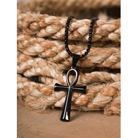HAQUIL Ankh Necklace, Black Plated Stainless Steel Egyptian Symbol of Life Ankh Cross Pendant, Box Chain, Egyptian Jewelry Gift