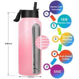 Akyta 32 OZ Water Bottle, Sports Water Bottle with Straw Lid, Vacuum-Insulated Stainless-Steel, Keep Water Cold/Hot, Double-walled Thermos Metal Water Bottle (Pink, 32 OZ)