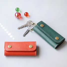 Polcolosso Leather Key Case, Genuine Leather, Smart Key Case, Men's, Women's, Cute, Brand, Arizona Leather, Italian Leather, Made in Japan, Slim, Compact, Small, orange