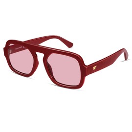 VANLINKER Retro Square Aviator Sunglasses for Women Men 70s Vintage Style Trendy Flat Top Rectangle Sun Glasses VL9826, Burgundy, Light Red