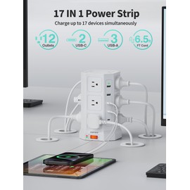 HOPOW Power Strip Tower with 12 Outlets 5 USB Ports (2 USB C), Surge Protector Tower 1700 Joules, 1875W/15A Outlet Charging Station, 6.5FT Extension Cord for Home, Office Hotels, Dorm Essentials