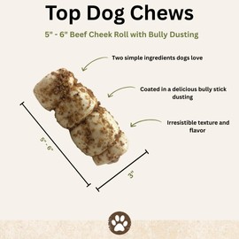 Top Dog Chews – 6” Buffalo Beef Cheek Rolls with Bully Dust Sprinkles, 5 Pack, Long Lasting Dog Bones for Aggressive Chewers, Rawhide Free Dog Treats
