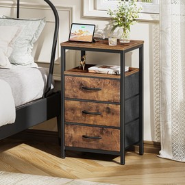 Huuger Nightstand with Charging Station, 27.6 Inch Bedside Table with Fabric Drawers, End Table with USB Ports and Outlets, Night Stand for Bedroom, Rustic Brown