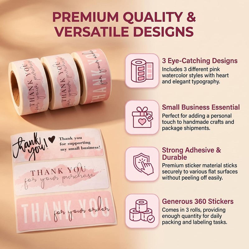 3 Rolls Pink Thank You Stickers Small Business, of 360