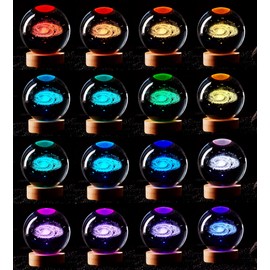 3D Galaxy Crystal Ball Lamp,3.15 Inch K9 Crystal Ball Night Light with Wooden Base,16 Colors Changing Light with Dimmable Remote Control,3D Laser Engraving Holographic Lamp (Galaxy)