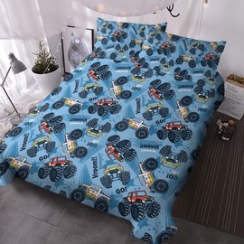 BlessLiving Truck Duvet Cover Set for Boys Kids Teens Blue Monster Truck Cars Bedding Sets Cute Truck Printed Bed Set with 2 Pillow Cases (Single)