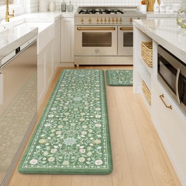 KIMODE Comfort Kitchen Floor Mats Cushioned Anti Fatigue,Farmhouse Spring Floral Kitchen Runner Rug Sets of 2 Non Slip,Long Memory Foam Standing Carpet for Laundry Sink Home,Green