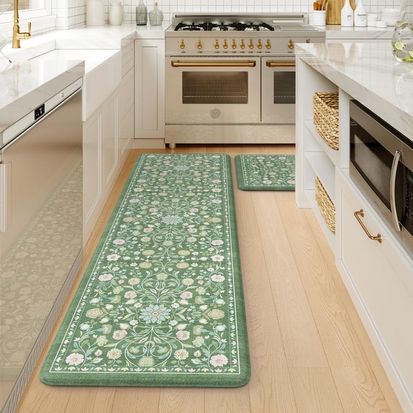 KIMODE Comfort Kitchen Floor Mats Cushioned Anti Fatigue,Farmhouse Spring Floral