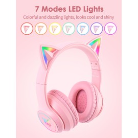 ONITOON ONITOON Cat Ear Bluetooth Headphones with Micphone for Kids & Adults, LED Light Up Wireless HI-FI Sound Quality, Over-Ear Headphones with Volume Control for iPhone/iPad/Laptop/PC(55H Play Time)