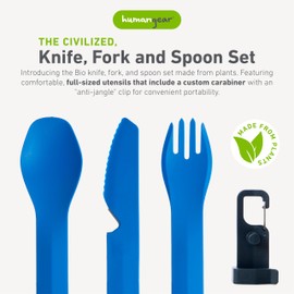 humangear GoBites Bio Trio K/F/S - Durable Plant-Based Travel Utinsel Set - Knife, Fork, Spoon, Integrated Bottle Opener & Clip, Blue