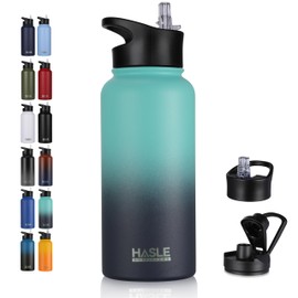 HASLE OUTFITTERS 32 oz Insulated Water Bottle Stainless Steel Double Walled Vacuum Sports Water Bottle with 2 Lids (Straw and Spout Lid) for Gym Camping Hiking(Green Blue Gradient,1)