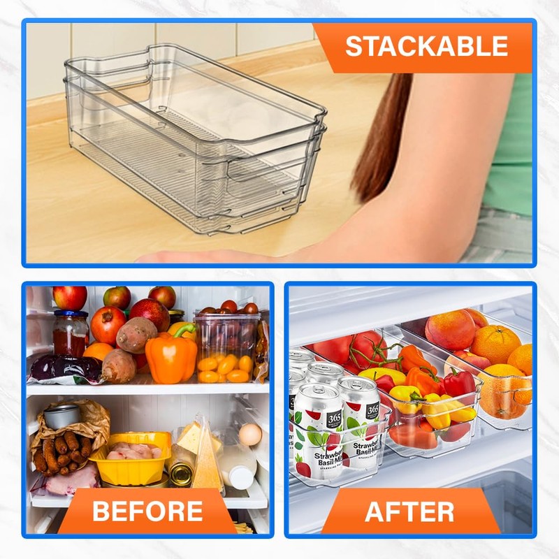 Lifemaster Stackable Plastic Freezer Organizer Bins - Clear Storage Containers
