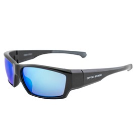 Optic Edge Freelance Wraparound Sports & Motorcycle Sunglasses for Men or Women Gloss Black Frame w/Dielectric Blue Mirror Lens