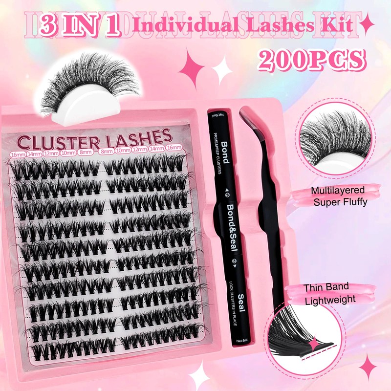 200 Pieces DIY Eyelash Extensions Set, 8-16 mm, Mixed Fluffy