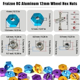 Aluminum 12mm Hex Wheel Hub with Flange M4 Nylon Lock Nut Cross Hex Wrench & M3 M4 Nylon Locknut for Traxxas Slash, Stampede Hsp Redcat Rc4wd Tamiya Axial SCX10 WLtoy 1/10 RC Car Truck Crawler Buggy
