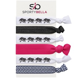 Theater Hair Ties Set – 6pc No-Crease Elastic Ponytail Holders with Drama Masks Print, Pink Accent, Black Glitter, Chevron Pattern – SportyBella Accessories for Drama Lovers