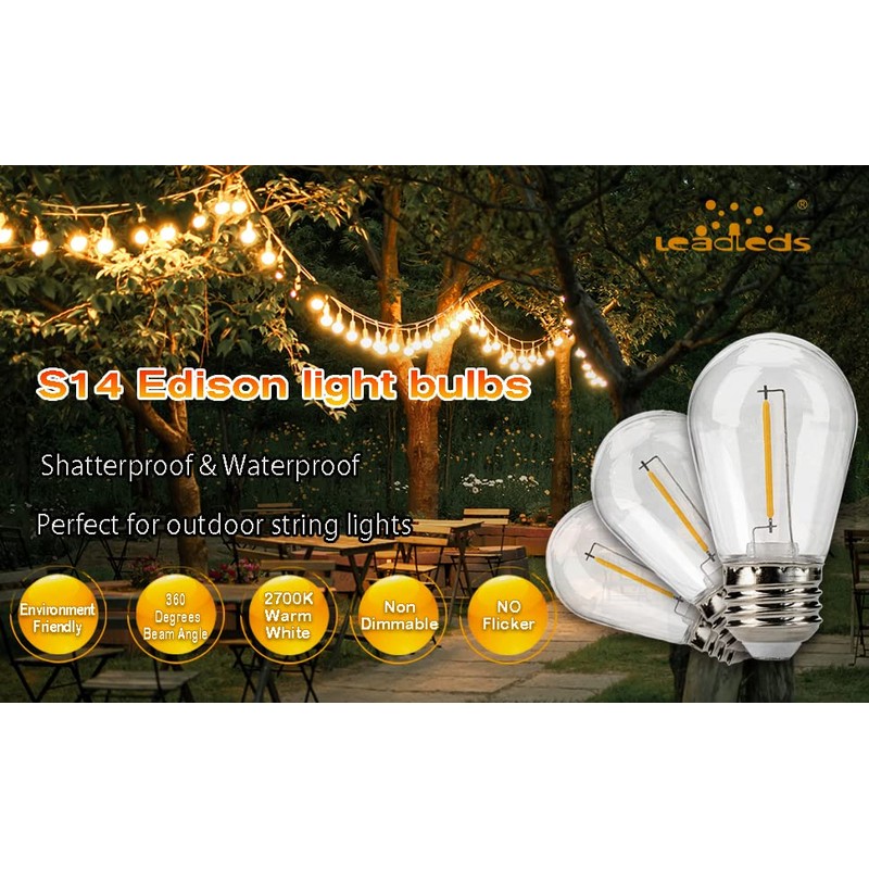 Leadleds 15 Pack S14 LED String Light Bulbs, Shatterproof Vintage