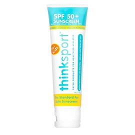 Think sport Kids SPF 50+ Mineral Sunscreen Safe, protector solar natural para niños - Crema solar resistente al agua de amplio espectro UVA/UVB protección solar vegana, loción solar amigable para arrecifes, 3 onzas
