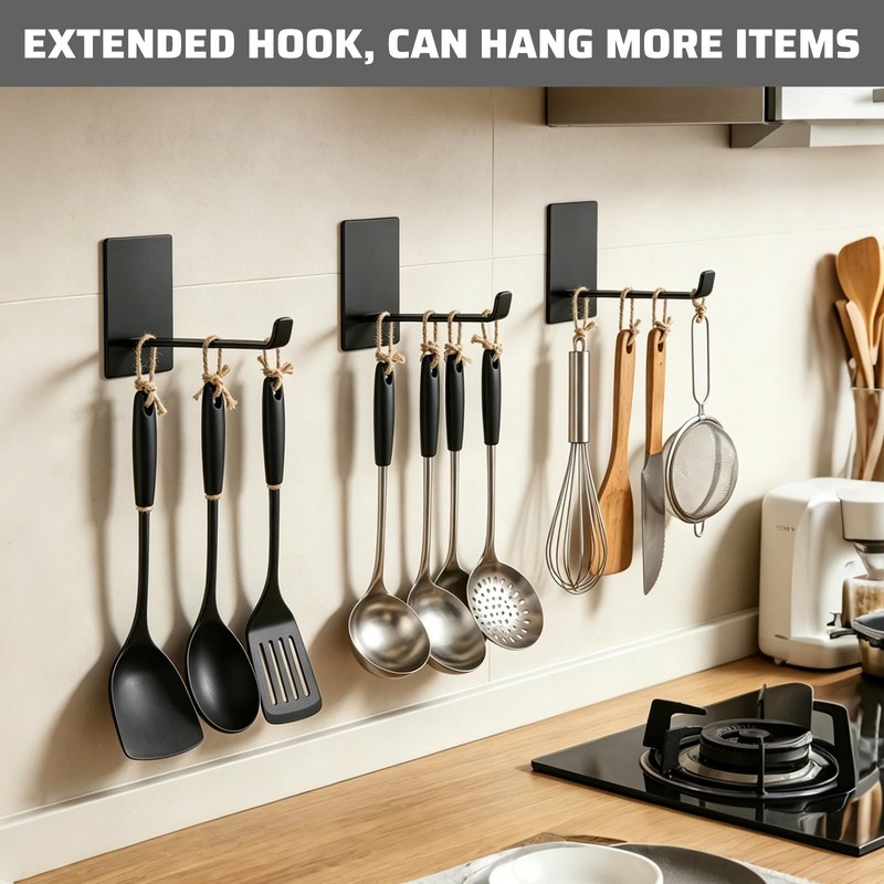 Everlling Adhesive Hooks Long 4 Pack, Large Sticky Hanger Wall