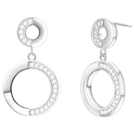 Drop Cubic Zirconia Earrings, Hyopallergenic Sterling Silver Post, Double Circle Design, included Gift Pouch