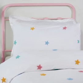 Sleepdown Tufted 3D Stars White Multicolour Kids Boys Girls Childrens Soft Cosy Easy Care Duvet Cover Quilt Bedding Set with Matching Pillowcases-Double (200cm x 200cm), Polyester