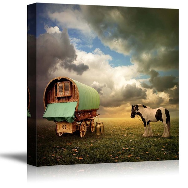 wall26 - Canvas Prints Wall Art - an Old Gypsy Caravan, Trailer, Wagon with a Horse | Modern Wall Decor/Home Decoration Stretched Gallery Canvas Wrap Giclee Print. Ready to Hang - 12" x 12"
