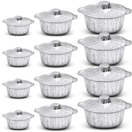 Ziliny Disposable Aluminum Pot with Lid Round Foil Pans Disposable Cookware Food Container for Vacation Trips Camping Baking Heating Cooking(12 Pcs,33.8, 67.6, 121.7 oz)