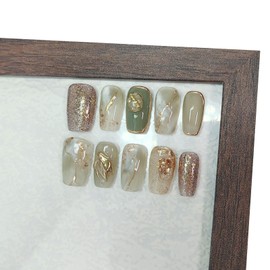 Medium Square Press on Nails Cat Eye Handmade False Nails with Designs, French Tip Short Coffin Reusable Fake Nails (Green Golden#Medium)