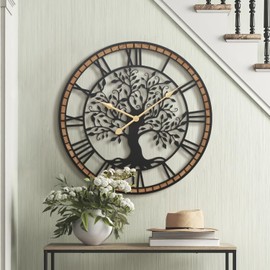 Micasso Silent Large Wall Clock: 24Inch Tree of Life Metal Black with Solid Wood Frame - Non-Ticking Battery Operated Clock for Living Room/Kitchen/Bedroom Home Decor