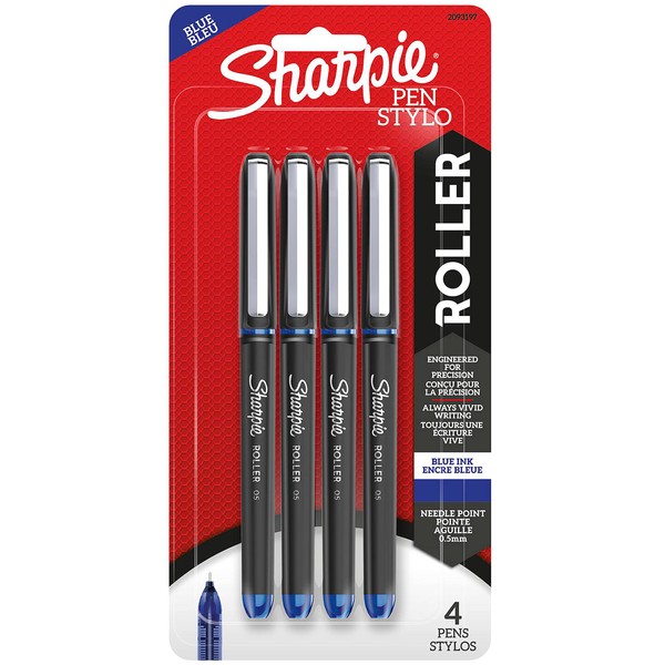 SHARPIE® Rollerball Pens, Needle Point, 0.5 mm, Blue Ink, Pack Of 4