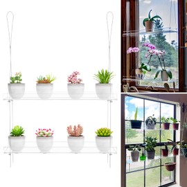 OtNiap 2-Tier Clear Hanging Window Plant Shelves 16inch,Indoor Windows Wall Hanging Plant Stand Flower Display,Flower Pot Organizer Storage for Window Grow Herbs,Microgreens,Succulents,Flower