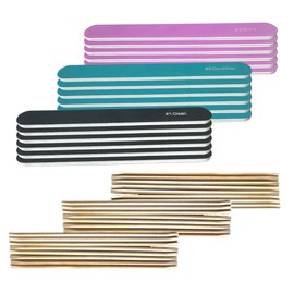 42pc Value Set Nail File Emery Boards & Cuticle Sticks: 6 Black (Clean) 6 Blue (Condition) 6 Pink (Shine) 24 Wood Sticks Cuticle Pushers All Nails Natural Acrylic Gel Press-On Travel TSA Friendly