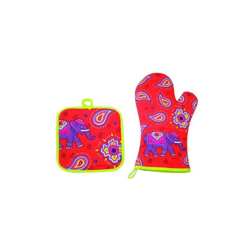 Pot Holder/Oven Glove Set – Kashmir Elephant Red