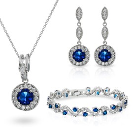 Crystalline Azuria Round Blue Simulated Sapphire Zirconia Crystals Set Pendant Necklace 18 inches Earrings Bracelet 18K White Gold Plated for Women