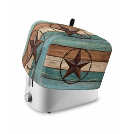 Rustic Wood Barn Star Toaster Cover 2 Slice with Pockets, Retro Farmhouse Country Teal Brown Plank Dustproof Cover for Kitchen Small Appliances Fingerprint Protection, Kitchen Bread Machine Protector