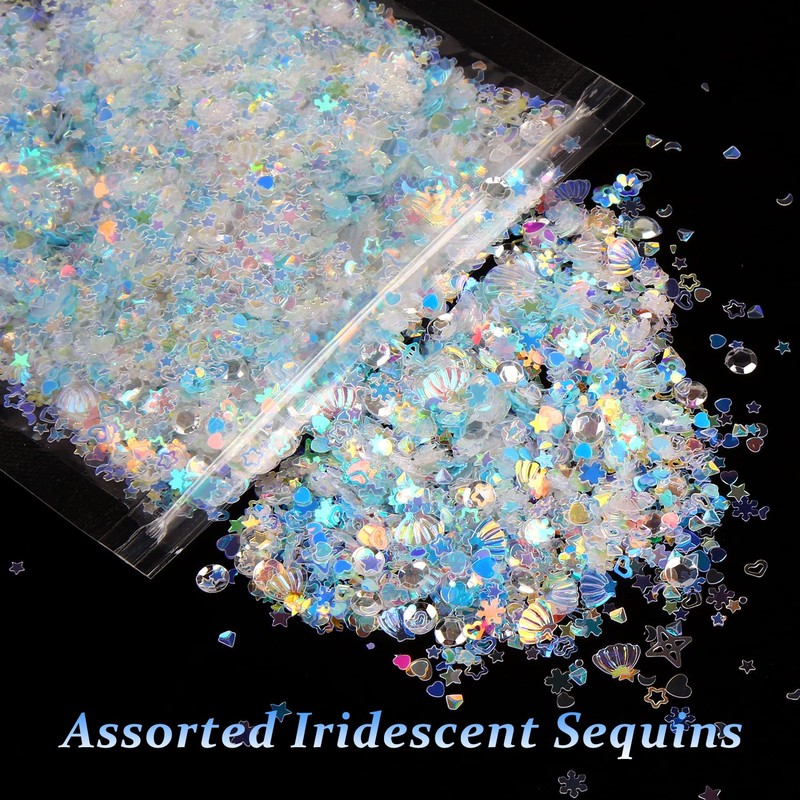 KIMOBER 50 Gram Mixed Craft Sequins and Spangles,Iridescent Blue Assorted