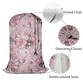 Swono Watercolor Flowers Extra Large Laundry Bag with Drawstring Closure 28"x40", Floral Peonies Rose Leaves Petal Romantic for Home, Dorm and Apartment Dwellers, Pink