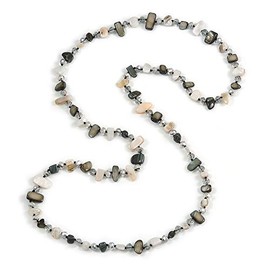 Avalaya Statement Long Grey/Off White Shell Nugget and Transparent Glass Crystal Bead Necklace/110cm L