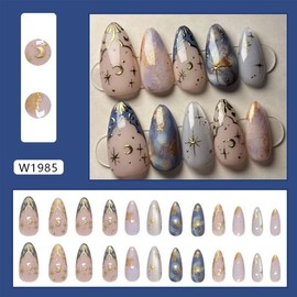 Almond Press On Nails Medium Fake Nails Star Moon With Glitter Gradient Design French Tip False Nails Full Cover Acrylic Artificial Nails Glossy Glue On Nails Reusable Stick On Nails For Women 24pcs